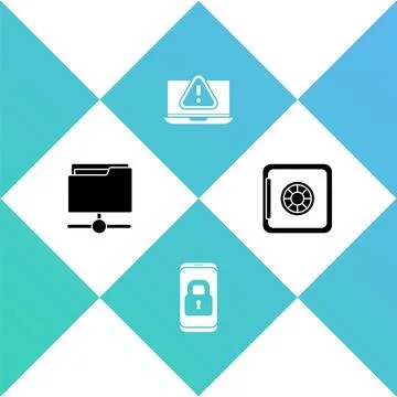 Set FTP folder, Mobile with closed padlock, Laptop exclamation mark and Safe Stock Illustration