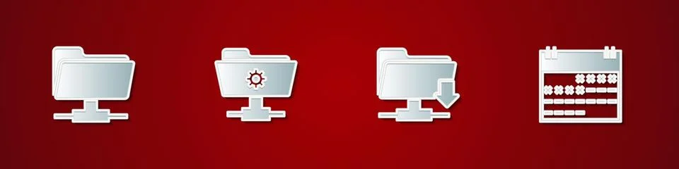 Set FTP folder, settings, download and Calendar icon. Vector Illustrazione stock
