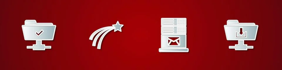Set FTP operation successful, Falling star, Mail server and folder download icon Stock Illustration