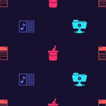Set FTP settings folder, Music book with note, Bottle of wine bucket and Cale Illustrazione stock