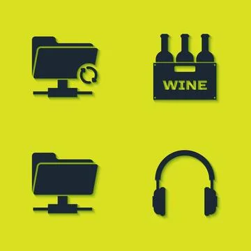 Set FTP sync refresh, Headphones, folder and Bottles of wine in box icon. Vec 스톡 일러스트
