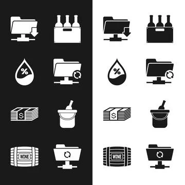 Set FTP sync refresh, Water drop percentage, folder download, Bottles of wine Stock Illustration