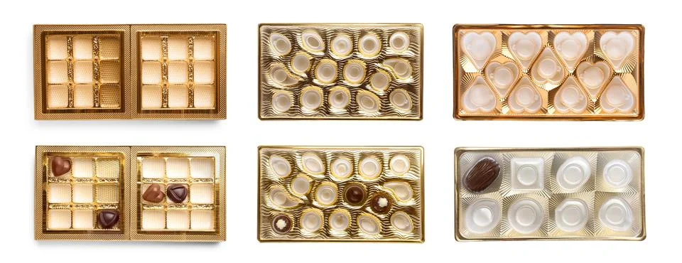 Set with full and empty candy boxes on white background. Banner design Foto stock