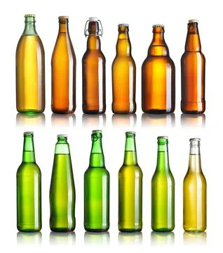 Set of full beer bottles with no labels isolated on white Foto stock