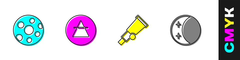Set Full moon, Air element, Telescope and Eclipse of the sun icon. Vector Ilustração Stock