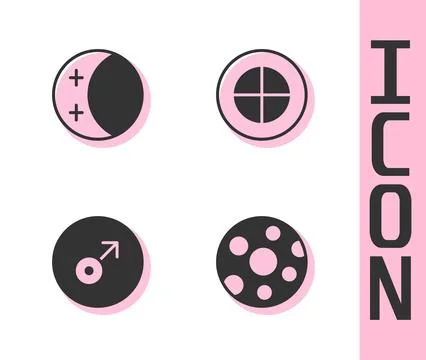 Set Full moon, Eclipse of the sun, Mars symbol and Earth globe icon. Vector Ilustração Stock