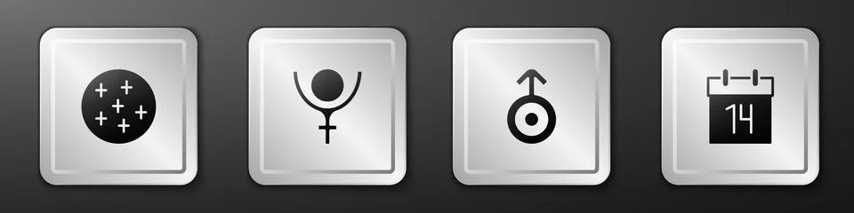 Set Full moon, Symbol Pluto, Uranus and Calendar icon. Silver square button.. Stock Illustration