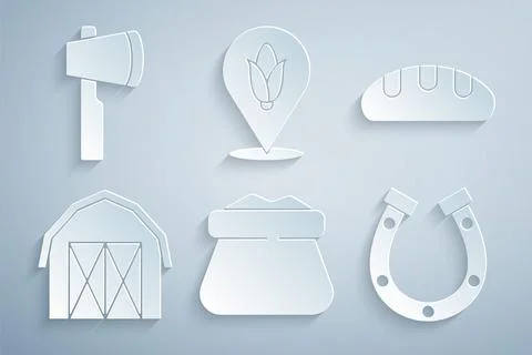 Set Full sack, Bread loaf, Farm house, Horseshoe, Location corn and Wooden axe Stock Illustration