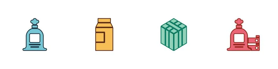 Set Full sack, Paper package for milk, Bale of hay and and wooden box icon Stock Illustration