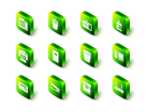 Set Full trash can, Identification badge, Glue, Computer monitor, Router and wi Stock Illustration