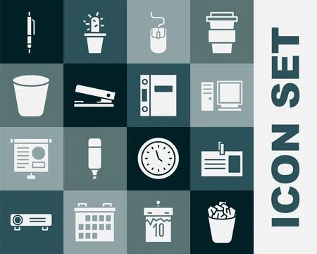 Set Full trash can, Identification badge, Computer monitor, mouse, Office s.. Stock-Illustration