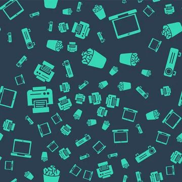 Set Full trash can, Laptop, Printer and Movie, film, media projector on seamless Stock Illustration