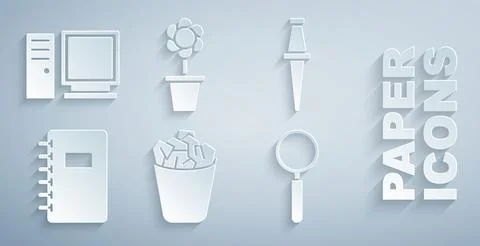 Set Full trash can, Push pin, Spiral notebook, Magnifying glass, Flower pot and Stock-Illustration