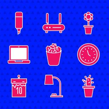 Set Full trash can, Table lamp, Cactus and succulent in pot, Clock, Calendar Stock-Illustration