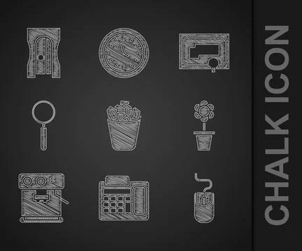 Set Full trash can, Telephone, Computer mouse, Flower in pot, Coffee machine Stock-Illustration