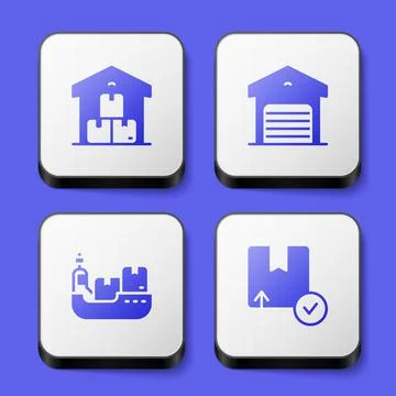 Set Full warehouse, Warehouse, Cargo ship with boxes delivery and Carton Illustrazione stock