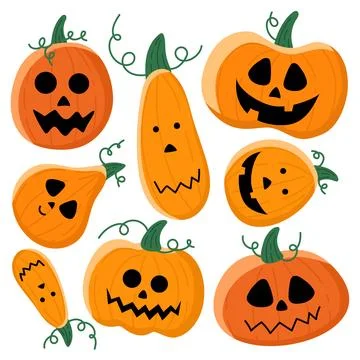 A set of fun and horrible orange pumpkins isolated on white. Stock Illustration