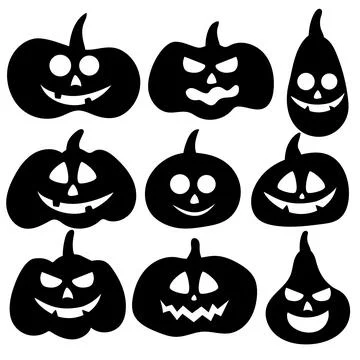 A set of fun and horrible pumpkins in black isolated on white. Stock Illustration
