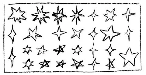 Set of fun like kid drawing black stars. Collection of wax pencil texture Illustrazione stock