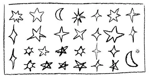 Set of fun like kid drawing black stars and crescent. Collection of wax pencil Illustrazione stock