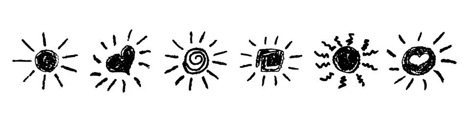 Set of fun like kid drawing black sun. Collection painted with pastel crayons or Illustrazione stock