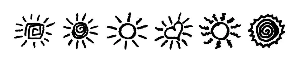 Set of fun like kid drawing black sun. Collection painted with pastel crayons or Stock Illustration
