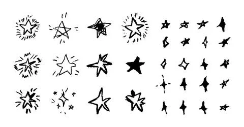 Set of fun like kid drawing black stars. Collection of wax pencil texture geo Stock Illustration