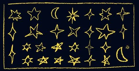Set of fun like kid drawing gold stars and crescent. Collection of wax pencil Stock Illustration