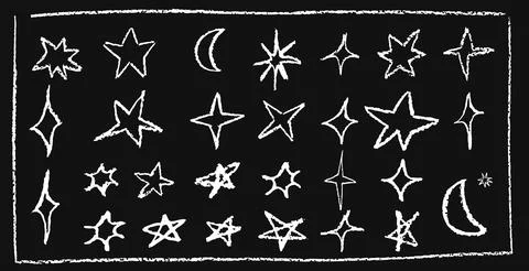Set of fun like kid drawing white stars and crescent. Collection of wax pencil Stock Illustration