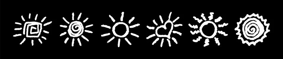Set of fun like kid drawing white sun. Collection painted with pastel crayons or Illustrazione stock