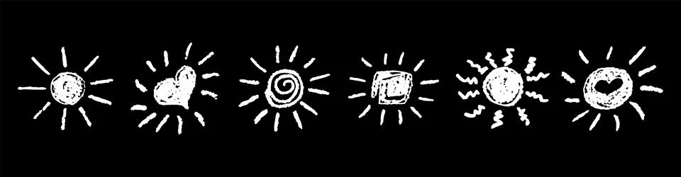 Set of fun like kid drawing white sun. Collection painted with pastel crayons or Illustrazione stock