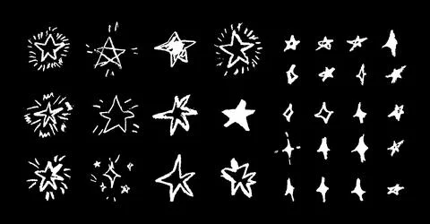 Set of fun like kid drawing white stars. Collection of wax pencil texture geo Illustrazione stock