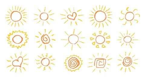Set of fun like kid drawing yellow sun. Collection painted with pastel crayons Stock Illustration