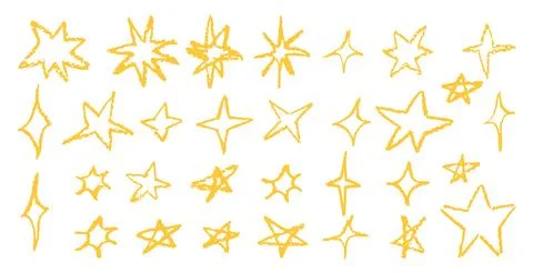 Set of fun like kid drawing yellow stars. Collection of wax pencil texture Stock Illustration