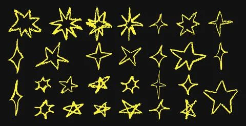 Set of fun like kid drawing yellow stars on black chalkboard. Collection of wax Illustrazione stock