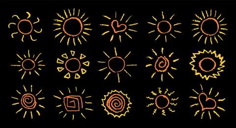 Set of fun like kid drawing yellow sun. Collection painted with pastel crayons Stock Illustration