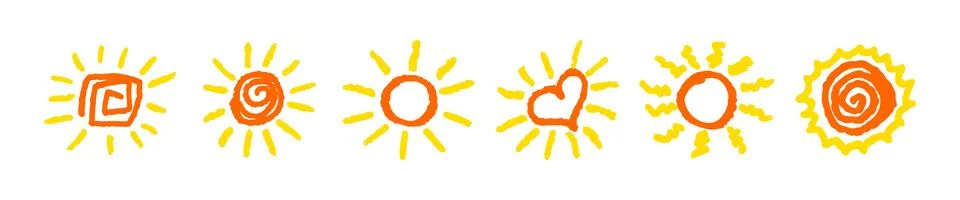 Set of fun like kid drawing yellow sun. Collection painted with pastel crayons Illustrazione stock