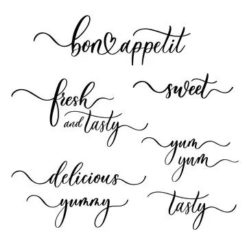 Set fun quotes label. Bon appetit, sweet, fresh and tasty, delicious, yum-yum Stock Illustration