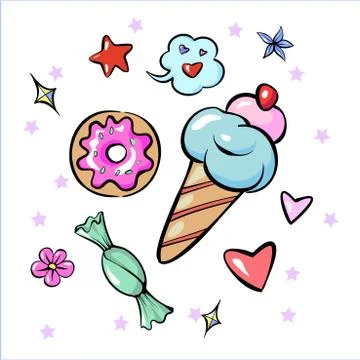 Set of fun trendy sweets heart star icecream candy flower sticker isolated on Stock Illustration