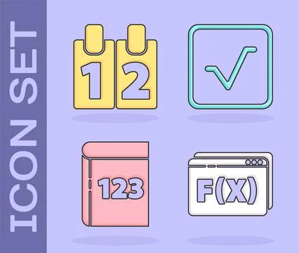 Set Function mathematical symbol, Calendar, Book with word mathematics and Sq Stock Illustration