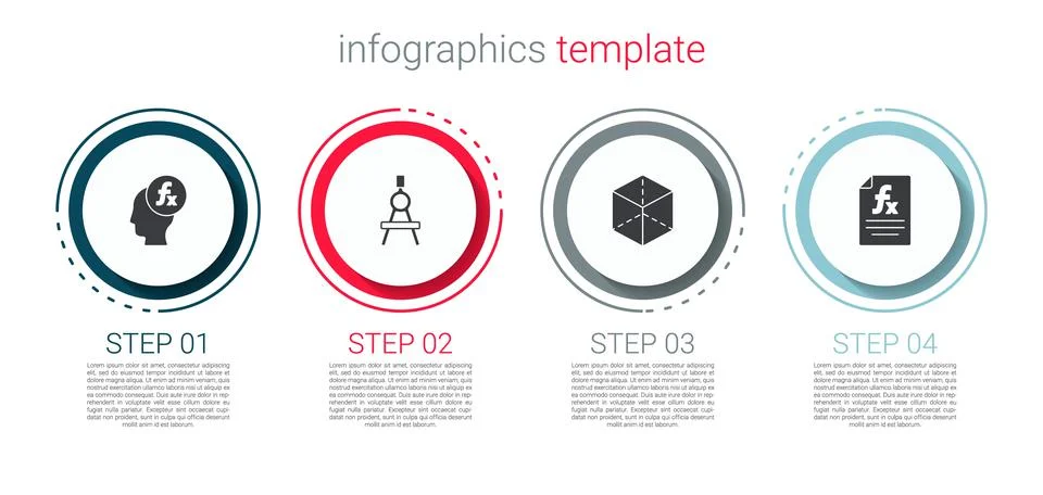 Set Function mathematical symbol, Drawing compass, Geometric figure Cube and Illustrazione stock