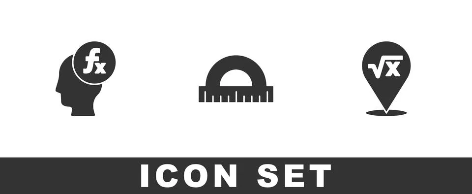 Set Function mathematical symbol, Protractor and Square root of x glyph icon Stock Illustration