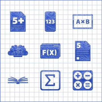 Set Function mathematical symbol, Sigma, Calculator, Test exam sheet, Open book 스톡 일러스트