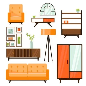 Set of funiture objects illustration. Set of living room funiture. Sofa Stock Illustration