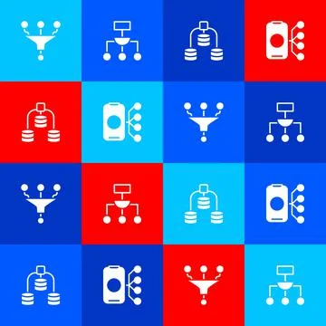 Set Funnel or filter, Algorithm, Server, Data and Neural network icon. Vector Stock Illustration