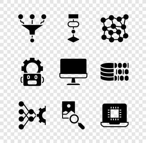 Set Funnel or filter, Algorithm, Neural network, Photo retouching, Processor CPU Stock Illustration