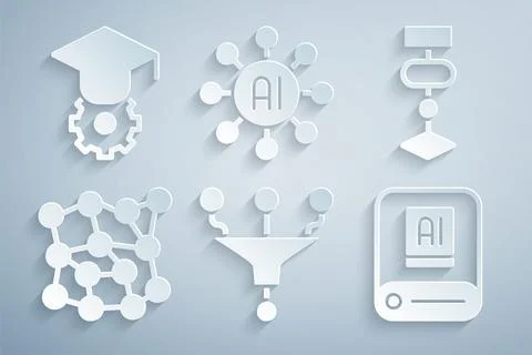 Set Funnel or filter, Algorithm, Neural network, Artificial intelligence AI, and Stock Illustration