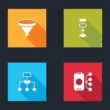 Set Funnel or filter, Algorithm, and Neural network icon. Vector Stock-Illustration
