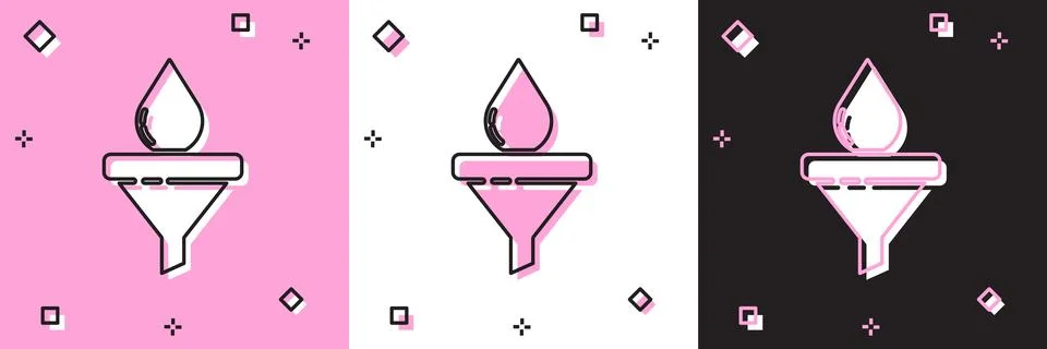 Set Funnel or filter and motor oil drop icon isolated on pink and white, blac Ilustração Stock