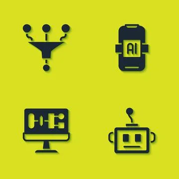 Set Funnel or filter, Artificial intelligence robot, Algorithm and AI icon イラスト素材